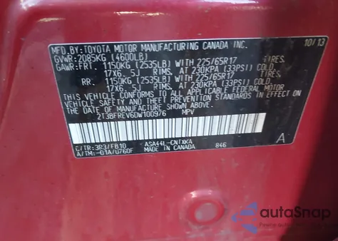 2013 Toyota Rav4 Le from USA, damaged, VIN 2T3BFREV6DW100976